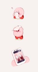 Rule 34 | ?, amedama (akaki 4207), black eyes, blush, camera phone, cellphone, comic, grey background, highres, kirby, kirby (series), motion lines, nintendo, no humans, parted lips, phone, shadow, silent comic, simple background