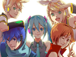 Rule 34 | 2boys, 3girls, :d, aqua hair, blonde hair, brother and sister, brown eyes, brown hair, company connection, everyone, green eyes, hatsune miku, kagamine len, kagamine rin, kaito (vocaloid), long hair, looking at viewer, meiko (vocaloid), multiple boys, multiple girls, open mouth, pizza (pixiv15653), short hair, siblings, simple background, smile, twins, twintails, upper body, very long hair, vocaloid, white background, xpizzeriax