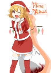 Rule 34 | 1girl, alternate costume, arms behind back, bag, blonde hair, blood, boots, eiri (eirri), fang, female focus, flandre scarlet, hat, heart, looking at viewer, merry christmas, aged up, one eye closed, open mouth, red eyes, santa boots, santa costume, santa hat, scarf, shirt, short sleeves, side ponytail, skirt, skirt set, smile, solo, thigh boots, thighhighs, touhou, wings, wink
