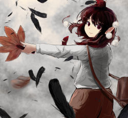 Rule 34 | 1girl, bird, black feathers, black wings, crow, feathered wings, feathers, hand fan, hat, hauchiwa, highres, holding, holding fan, leaf, looking at viewer, looking back, morizou shi, pointy ears, pom pom (clothes), red eyes, shameimaru aya, shirt, short hair, smile, solo, tokin hat, touhou, white shirt, wings