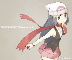 Rule 34 | 00s, 1girl, bad id, bad twitter id, beanie, blue eyes, blue hair, bracelet, copyright name, creatures (company), dawn (pokemon), game freak, hair ornament, hairclip, hat, holding, holding poke ball, jewelry, long hair, looking at viewer, matching hair/eyes, miniskirt, nintendo, poke ball, poke ball (basic), pokemon, pokemon dppt, red scarf, scarf, shigino sohuzi, shirt, skirt, sleeveless, sleeveless shirt, smile, solo, twitter username