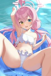 Rule 34 | 1girl, ahoge, arm up, armpits, ass, bare arms, bare legs, bare shoulders, bikini, blue archive, blue eyes, blush, breasts, collarbone, day, frilled bikini, frills, hair bobbles, hair ornament, heterochromia, highres, hirota fruit, hoshino (blue archive), hoshino (swimsuit) (blue archive), innertube, long hair, looking at viewer, low twintails, lying, navel, official alternate costume, on back, open mouth, outdoors, pink hair, small breasts, smile, solo, spread legs, swim ring, swimsuit, twintails, very long hair, water, white bikini, yellow eyes