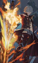 Rule 34 | 1boy, black pants, blue eyes, chinese commentary, closed mouth, feet out of frame, fire, highres, holding, holding sword, holding weapon, honkai (series), honkai impact 3rd, kevin kaslana, long jacket, looking at viewer, male focus, pants, shirt, skavenprime, solo, standing, sword, v-shaped eyebrows, weapon, white hair, white shirt