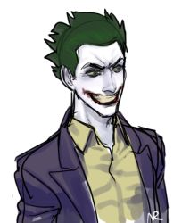 Rule 34 | 1boy, batman (series), dc comics, green hair, lipstick, makeup, male focus, simple background, smile, solo, teeth, the joker