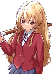 Rule 34 | 1girl, absurdres, aisaka taiga, black ribbon, blazer, blue skirt, bokken, buttons, closed mouth, collared shirt, commentary, cowboy shot, double-breasted, frown, highres, himenagi yuuki, holding, holding sword, holding weapon, jacket, light blush, long hair, long sleeves, looking at viewer, neck ribbon, oohashi high school uniform, over shoulder, pleated skirt, red jacket, ribbon, school uniform, shirt, simple background, skirt, solo, standing, sword, toradora!, v-shaped eyebrows, weapon, weapon over shoulder, white background, white shirt, wooden sword