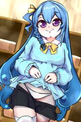 Rule 34 | 1girl, blue hair, blush, blush stickers, bow, closed mouth, clothes lift, clothes pull, commission, cupboard, denyel, hair ribbon, highres, knee up, knees up, long hair, looking at viewer, monster girl, panties, pulled by self, purple eyes, ribbon, shirt, shirt lift, shorts, shorts pull, slime girl, solo, thighhighs, thighs, underwear, v&amp;u entertainment, virtual youtuber, white panties, zeli zuimu