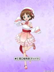Rule 34 | 1girl, beret, blue eyes, brown hair, character name, chinese clothes, commentary request, detached sleeves, dress, flats, frilled dress, frills, girls und panzer, hat, layered dress, leg up, no socks, official alternate costume, official art, open mouth, pink dress, pink footwear, purple background, red sash, sakaguchi karina, sash, short dress, short hair, sleeveless, sleeveless dress, sleeves past wrists, smile, solo, standing, standing on one leg, star (symbol), translated, watermark, white hat, white sleeves