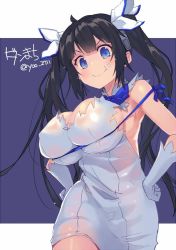 Rule 34 | &gt;:t, 10s, 1girl, :t, bell, black hair, blue eyes, blue ribbon, breasts, cleavage cutout, clothing cutout, dress, dungeon ni deai wo motomeru no wa machigatteiru darou ka, female focus, gloves, hair bell, hair ornament, hands on own hips, hestia (danmachi), large breasts, long hair, outside border, purple background, rei no himo, ribbon, simple background, skindentation, smile, solo, twintails, v-shaped eyebrows, wavy mouth, white dress, yoo (tabi no shiori)