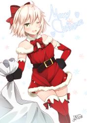 Rule 34 | 1girl, 2017, ;d, ahoge, artist name, bare shoulders, belt, belt buckle, black dress, blonde hair, bow, brown belt, buckle, christmas, dated, detached sleeves, dress, fate/grand order, fate (series), fur-trimmed dress, fur trim, hair between eyes, hair bow, highres, holding, holding sack, long sleeves, looking at viewer, misora deco, okita souji (fate), okita souji (koha-ace), one eye closed, open mouth, red bow, red dress, red thighhighs, sack, santa costume, short dress, short hair, simple background, smile, snowflake background, snowflakes, solo, thighhighs, white background, yellow eyes
