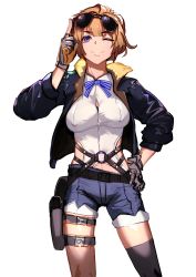 Rule 34 | 1girl, ;), absurdres, arm up, asymmetrical legwear, belt, black belt, black jacket, black thighhighs, blue shorts, breasts, brown gloves, brown hair, brown thighhighs, commentary request, cowboy shot, eyewear on head, fixro2n, girls&#039; frontline, gloves, grizzly mkv (girls&#039; frontline), hand on own hip, highres, holster, jacket, large breasts, mismatched legwear, o-ring, one eye closed, open clothes, open jacket, purple eyes, shirt, short shorts, shorts, simple background, sketch, smile, solo, sunglasses, thigh holster, thighhighs, white background, white shirt