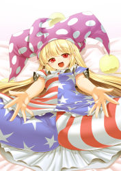 Rule 34 | 1girl, absurdres, american flag legwear, blonde hair, child, clownpiece, eyebrows, female focus, hat, highres, jester cap, long hair, looking at viewer, lying, on back, open mouth, outstretched arms, polka dot, red eyes, shirt, short sleeves, solo, spread legs, star (symbol), star print, striped clothes, striped legwear, striped shirt, team shanghai alice, tomoki tomonori, touhou