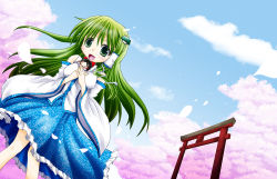 Rule 34 | 1girl, blue sky, breasts, character doll, cherry blossoms, cloud, day, detached sleeves, hugging doll, dutch angle, frog hair ornament, green eyes, green hair, hair ornament, hair tubes, hakurei reimu, izumi shiina, kochiya sanae, long hair, looking at viewer, matching hair/eyes, medium breasts, hugging object, open mouth, outdoors, petals, skirt, skirt set, sky, snake hair ornament, solo, torii, touhou, tree, wind