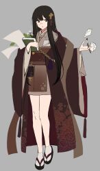 Rule 34 | 1girl, :o, bad link, black footwear, black hair, book, brown coat, brown eyes, brown sash, chorefuji, coat, commentary request, full body, grey background, hair ornament, highres, holding, holding book, holding brush, japanese clothes, kimono, knees, long hair, looking at viewer, monocle, off shoulder, open clothes, open coat, original, sandals, short kimono, simple background, socks, solo, standing, wide sleeves, zouri