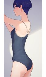 Rule 34 | 1girl, alternate costume, ass, back, blue eyes, blue hair, blunt bangs, blush, colored eyelashes, competition school swimsuit, gender request, genderswap, genderswap (otf), highres, houseki no kuni, humanization, looking at viewer, one-piece swimsuit, phosphophyllite, phosphophyllite (ll), school swimsuit, short hair, solo, spoilers, sweat, swimsuit, tea oden