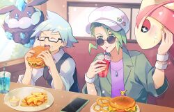 Rule 34 | 2boys, absurdres, black-framed eyewear, burger, carbink, closed eyes, collared shirt, commentary request, creatures (company), cup, drinking, drinking straw, eating, food, food on face, french fries, game freak, gen 3 pokemon, gen 6 pokemon, glasses, hat, highres, holding, holding cup, holding food, indoors, jewelry, male focus, milotic, multiple boys, necklace, nintendo, onion rings, open mouth, phone, pokemon, pokemon (creature), pokemon oras, semi-rimless eyewear, shirt, steven stone, teeth, undershirt, upper teeth only, vest, wallace (pokemon), white shirt, zeroki (izuno)