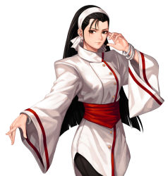 Rule 34 | 1girl, black eyes, black hair, black pants, bracelet, breasts, buttons, closed mouth, earrings, evilgun, hand up, highres, japanese clothes, jewelry, kagura chizuru, lips, long sleeves, looking at viewer, medium breasts, pants, shiny skin, simple background, smile, solo, the king of fighters, white background, wide sleeves