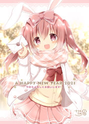 Rule 34 | 1girl, :d, animal ears, blurry, blurry background, blush, bow, brown shirt, chinese zodiac, commentary request, depth of field, envelope, hair between eyes, hair bow, happy new year, highres, holding, holding envelope, jacket, long hair, long sleeves, nanase miori, nengajou, new year, open clothes, open jacket, open mouth, original, pink bow, pink sailor collar, pleated skirt, rabbit ears, red bow, red eyes, red hair, red skirt, sailor collar, school uniform, serafuku, shirt, signature, skirt, sleeves past wrists, smile, solo, twintails, very long hair, white jacket, year of the rabbit
