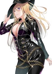 Rule 34 | 1girl, adjusting clothes, adjusting headwear, artist name, artist request, ayase eli, black bodysuit, black hat, black pants, blonde hair, blue eyes, blush, bodysuit, breasts, chain, chain necklace, cleavage, collarbone, cowboy hat, diamond princess no yuuutsu, female focus, floating hair, gold chain, gold necklace, hair between eyes, hat, high ponytail, jewelry, long hair, long sleeves, looking at viewer, love live!, love live! school idol festival, love live! school idol project, medium breasts, necklace, pants, parted lips, ponytail, short hair, smile, solo, sparkle, teeth, white background, zipper, zipper pull tab
