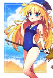 Rule 34 | 1girl, absurdres, beach, blonde hair, blue eyes, blue one-piece swimsuit, blush, broom, closed mouth, day, highres, holding, holding broom, long hair, looking at viewer, offbeat, one-piece swimsuit, outdoors, puyopuyo, smile, solo, swimsuit, tongue, tongue out, very long hair, witch (puyopuyo)