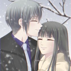 Rule 34 | akigure1, couple, fruits basket, highres, kiss, kissing forehead, kuragi machi, smile, snow, snowflakes, souma yuki, winter, winter uniform