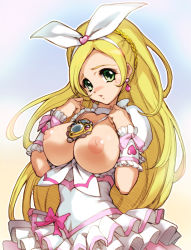Rule 34 | 10s, blonde hair, bow, breasts, cure rhythm, earrings, green eyes, hair bow, hisahiko, jewelry, large breasts, long hair, minamino kanade, necklace, nipples, open clothes, open shirt, precure, shirt, suite precure