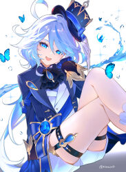 Rule 34 | 1girl, :d, ahoge, artist name, ascot, azna, black ascot, blue bow, blue butterfly, blue eyes, blue gemstone, blue hair, blue jacket, blue ribbon, bow, brooch, bug, butterfly, commentary request, crossed legs, eyelashes, frilled sleeves, frills, furina (genshin impact), gem, genshin impact, gold trim, hair between eyes, hand up, hat, hat ribbon, head tilt, heterochromia, highres, insect, jacket, jewelry, knees up, lapels, long hair, long sleeves, looking at viewer, low ponytail, mini hat, mini top hat, mismatched pupils, multicolored hair, open mouth, parted bangs, ponytail, ribbon, short shorts, shorts, sidelocks, simple background, sitting, sleeve cuffs, smile, solo, sparkle, streaked hair, swept bangs, teeth, thigh strap, tilted headwear, top hat, twitter username, upper teeth only, water, water drop, white background, white hair, white shorts