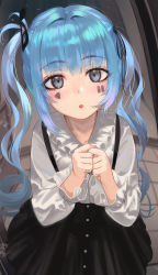 Rule 34 | 1girl, asymmetrical hair, blue eyes, blue hair, blush, commentary request, facial mark, frills, highres, long hair, looking at viewer, open mouth, original, skirt, solo, torriet, twintails