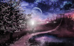 Rule 34 | akyuun, bare tree, blurry, cloud, commentary, dark, depth of field, flower, grass, highres, hill, lamppost, lens flare, light particles, moon, night, night sky, no humans, original, path, pond, reflection, road, scenery, silhouette, sky, star (sky), third-party edit, torii, touhou, tree, water
