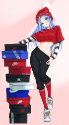 Rule 34 | 1girl, adidas, blue eyes, blue hair, chaesu, clothes pull, hat, highres, bae minah (chaesu), navel, nike (company), pants, pants pull, pulling own clothes, red socks, shoes, sneakers, socks