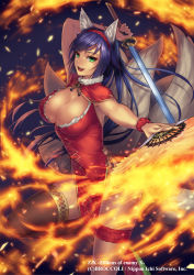Rule 34 | 1girl, animal ears, breasts, china dress, chinese clothes, cleavage, cuboon, dakki (z/x), dress, hand fan, fire, folding fan, fox ears, green eyes, large breasts, long hair, looking at viewer, multiple tails, open mouth, purple hair, smile, solo, sword, tail, weapon, z/x