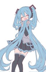 Rule 34 | 1girl, :d, ^ ^, black skirt, black sleeves, black thighhighs, blue hair, blush, closed eyes, commentary request, facing viewer, feet out of frame, futaba969649, grey shirt, hair between eyes, hands up, hatsune miku, headphones, headset, highres, holding, holding own hair, long hair, long sleeves, open mouth, pleated skirt, shirt, simple background, skirt, smile, solo, standing, thighhighs, twintails, unfinished, very long hair, vocaloid, white background
