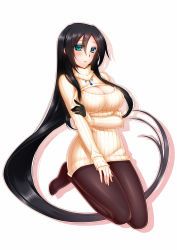 Rule 34 | 1girl, absurdly long hair, aqua eyes, black hair, borrowed character, breasts, full body, gloves, highres, konshin, large breasts, long hair, meme attire, no shoes, open-chest sweater, original, pantyhose, ribbed sweater, single glove, solo, sweater, turtleneck, very long hair