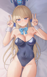 Rule 34 | 1girl, bed sheet, blonde hair, blue archive, blue eyes, blue hair, blue halo, blue nails, blush, breasts, closed mouth, collarbone, cowboy shot, double v, fingernails, halo, highres, long hair, looking at viewer, medium breasts, multicolored hair, nail polish, official alternate costume, rryiup, solo, streaked hair, toki (blue archive), toki (bunny) (blue archive), v