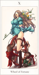 Rule 34 | 1girl, artdink, bdsm, blindfold, bondage, bound, breasts, brown hair, covered erect nipples, covered eyes, donkey, english text, flower, highres, keypot, large breasts, long hair, open mouth, pussy juice, skindentation, solo, tactics ogre, tarot, tarot (medium), teeth, thigh strap, thighs, upper teeth only, wheel, wheel of fortune (tarot)