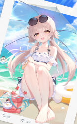 Rule 34 | 1girl, absurdres, bare arms, bare legs, bare shoulders, barefoot, bikini, blue archive, blush, collarbone, doodle sensei (blue archive), eyewear on head, frilled bikini, frills, hifumi (blue archive), hifumi (swimsuit) (blue archive), highres, holding, holding umbrella, kuroida, light brown hair, long hair, looking at viewer, low twintails, navel, official alternate costume, open mouth, peroro (blue archive), sensei (blue archive), smile, solo, sunglasses, swimsuit, teeth, toes, transparent, transparent umbrella, twintails, umbrella, upper teeth only, white bikini, yellow eyes