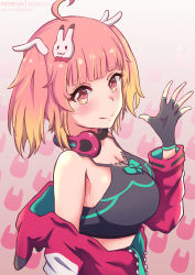 1girl absurdres ahoge armpit_peek artist_name bebatch black_gloves blonde_hair blunt_bangs blush bow breasts cleavage commentary crop_top english_commentary fingerless_gloves from_side gloves gradient_hair hair_bow hair_ornament headphones headphones_around_neck highres hood hoodie indie_virtual_youtuber large_breasts looking_at_viewer looking_to_the_side multicolored_hair open_hand pink_eyes pink_hair rabbit_hair_ornament red_bow red_hoodie solo twintails virtual_youtuber yuikai_(vtuber)