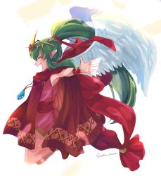 Rule 34 | 1girl, angel wings, bad id, bad twitter id, cloak, closed eyes, dress, fire emblem, fire emblem: mystery of the emblem, fire emblem heroes, from side, green hair, hair ribbon, highres, hood, hood down, long hair, matumuraaaa, nintendo, open mouth, pink dress, pointy ears, ponytail, ribbon, short dress, simple background, solo, stone, tiara, tiki (fire emblem), tiki (young) (fire emblem), twitter username, white background, wings, wristband