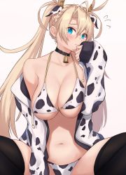 Rule 34 | 1girl, akatsuki ikki, animal ears, animal print, bare shoulders, bell, bikini, black thighhighs, blonde hair, blue eyes, blush, bradamante (fate), braid, breasts, choker, cleavage, closed mouth, collarbone, cow ears, cow print, crown braid, fate/grand order, fate (series), highres, jacket, large breasts, long hair, long sleeves, looking at viewer, navel, neck bell, off shoulder, open clothes, open jacket, simple background, solo, spread legs, squatting, swimsuit, thighhighs, thighs, twintails, very long hair, white background, white bikini, white jacket
