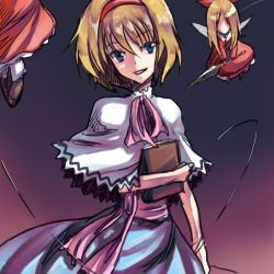 Rule 34 | 1girl, alice margatroid, ascot, blue dress, blue eyes, book, capelet, dress, fairy wings, female focus, head tilt, looking at viewer, lowres, onimaru gonpei, red dress, sash, shanghai doll, solo, string, touhou, wings