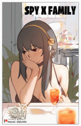 Rule 34 | 1girl, alcohol, black choker, black hair, blush, breasts, choker, cleavage, convenient censoring, copyright name, cup, drinking glass, embarrassed, flashing, flower, gold hairband, hair flower, hair ornament, hairband, highres, hu dako, large breasts, long hair, no bra, patreon username, red eyes, rose, solo, spy x family, upper body, yor briar