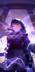Rule 34 | 1girl, braid, breasts, bridal gauntlets, cleavage, electricity, fomnant, genshin impact, hair ornament, highres, japanese clothes, kimono, large breasts, long hair, long sleeves, looking at viewer, low-braided long hair, low-tied long hair, mole, mole under eye, obi, off shoulder, purple eyes, purple hair, purple kimono, purple thighhighs, raiden shogun, sash, shrug (clothing), solo, thighhighs, thighs, very long hair, wide sleeves
