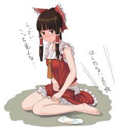 Rule 34 | 1girl, ascot, barefoot, bloomers, blush, bow, brown eyes, brown hair, clothes pull, embarrassed, hand fan, full-face blush, hair bow, hair ornament, hair ribbon, hair tubes, hakurei reimu, japanese clothes, kitano (kitanosnowwhite), looking at viewer, miko, open clothes, open skirt, paper fan, ponytail, ribbon, shirt, shirt pull, sitting, skirt, sleeveless, solo, text focus, touhou, translated, uchiwa, underwear, ze (phrase)