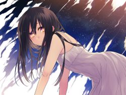Rule 34 | 1girl, :/, achiki, all fours, black hair, dress, long hair, looking at viewer, multicolored eyes, original, parted lips, purple eyes, solo, sundress, white dress, yellow eyes