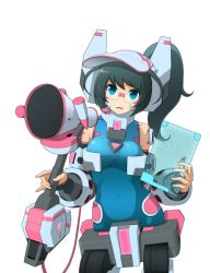 Rule 34 | 1girl, bare shoulders, black hair, blue eyes, breasts, character request, cosmic break, female focus, glasses, hat, mecha musume, open mouth, ponytail, simple background, skin tight, solo