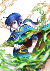 belt blue_hair cape fire_emblem fire_emblem:_genealogy_of_the_holy_war gloves glowing headband highres holding holding_sword holding_weapon long_hair looking_at_viewer mahiruno nintendo pants ponytail seliph_(fire_emblem) sheath sidelocks simple_background smile solo sword tunic unsheathing weapon white_background white_headband wind