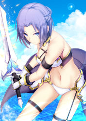Rule 34 | 1girl, arm strap, armor, bare shoulders, bikini, bikini armor, black gloves, blue eyes, braid, breasts, cape, cleavage, closed mouth, cloud, commentary request, cowboy shot, crown braid, daiaru, day, faulds, garter straps, gauntlets, gloves, groin, highres, holding, holding sword, holding weapon, jun (princess connect!), jun (summer) (princess connect!), large breasts, lens flare, looking at viewer, midriff, navel, ocean, outdoors, parted bangs, princess connect!, purple cape, purple hair, short hair, sidelocks, solo, standing, swimsuit, sword, thigh strap, waist cape, weapon, white bikini