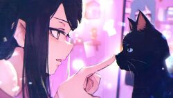 Rule 34 | 1girl, absurdres, black cat, black hair, cat, close-up, dated, fore (va-11 hall-a), from side, hand up, highres, index finger raised, indoors, jill stingray, open mouth, parted bangs, poking nose, profile, red eyes, rnna, sidelocks, signature, solo, va-11 hall-a, window
