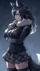 Rule 34 | 10s, 1girl, animal ears, bad id, bad pixiv id, black hair, black thighhighs, blazer, blue eyes, breast hold, breast pocket, breasts, cowboy shot, from side, fur collar, fur trim, gloves, glowing, glowing eye, grey wolf (kemono friends), hand to own mouth, highres, jacket, kemono friends, large breasts, long hair, looking away, multicolored hair, necktie, oopartz yang, pleated skirt, pocket, skirt, solo, tail, thighhighs, two-tone hair, white gloves, wolf ears, wolf girl, wolf tail