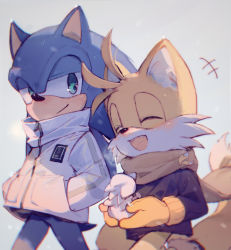 Rule 34 | 2boys, ^ ^, absurdres, animal nose, c52278, closed eyes, closed mouth, commentary, fox boy, friends, furry, furry male, gloves, green eyes, hands in pockets, highres, jacket, male focus, multiple boys, open mouth, scarf, smile, snow, snowman, sonic (series), sonic the hedgehog, symbol-only commentary, tail, tails (sonic), walking