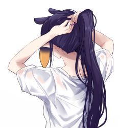 Rule 34 | 1girl, adjusting hair, arms up, commentary request, from behind, grey background, grey shirt, hololive, hololive english, long hair, ninomae ina&#039;nis, pointy ears, shirt, short sleeves, simple background, solo, sweat, tentacle hair, upper body, virtual youtuber, yuuyu (777)